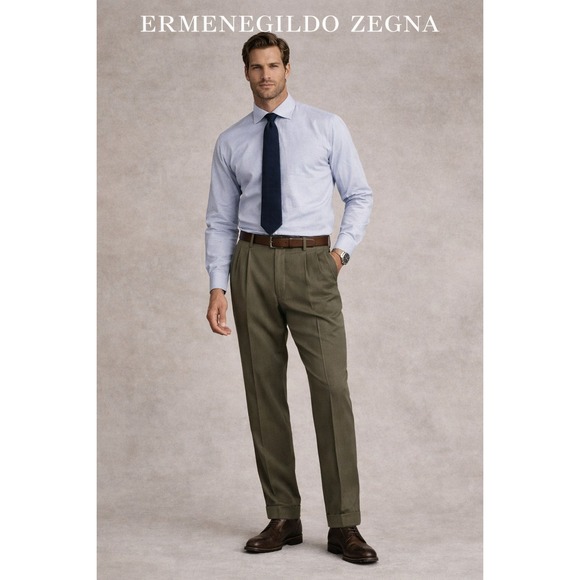 Ermenegildo Zegna Soft PleatedSilk Wool Trousers Olive Green Italy 52 US 36